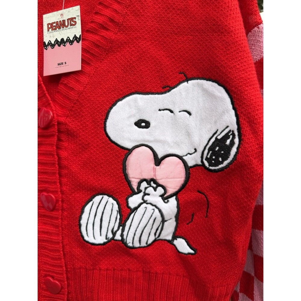 Peanuts Snoopy Heart Check Knit Cardigan Sweater Acrylic V-Neck S NWT - Picture 4 of 9